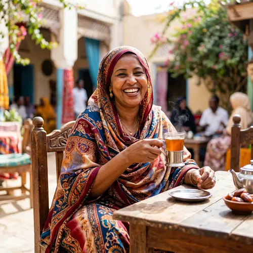 Joyful Somali Woman in Traditional Dress Enjoying Somali Tea