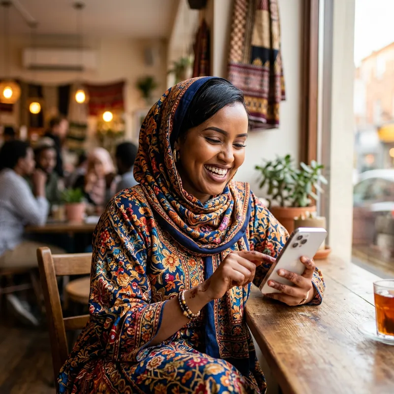Happy Somali Woman Using Phone | Cultural Attire & Smile