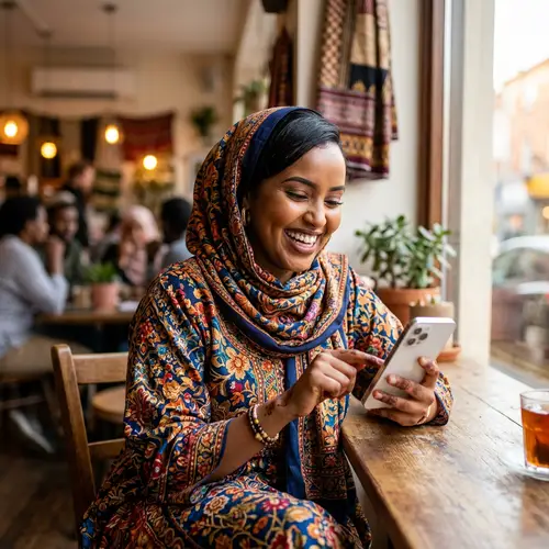 Joyful Somali Woman Using Phone | Cultural Attire & Beautiful Smile
