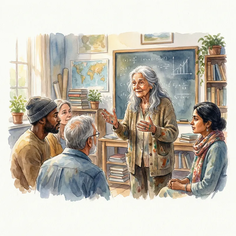 Captivating Watercolor Painting of Elderly Teacher and Diverse Adult Learners Captivating Watercolor Painting of Elderly Teacher and Diverse Adult Learners