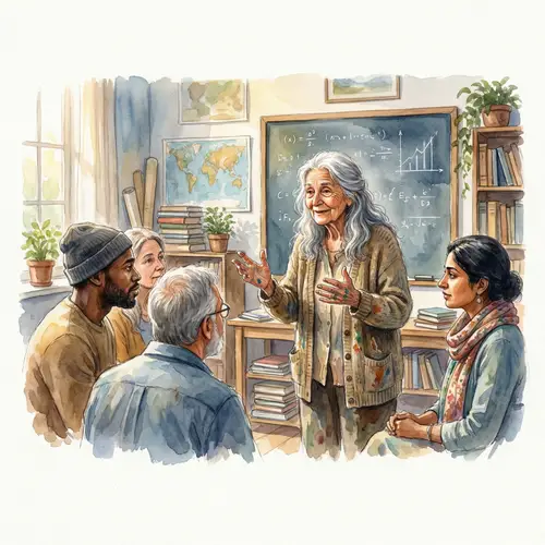 Watercolor Painting of Elderly Teacher Inspiring Adult Learners