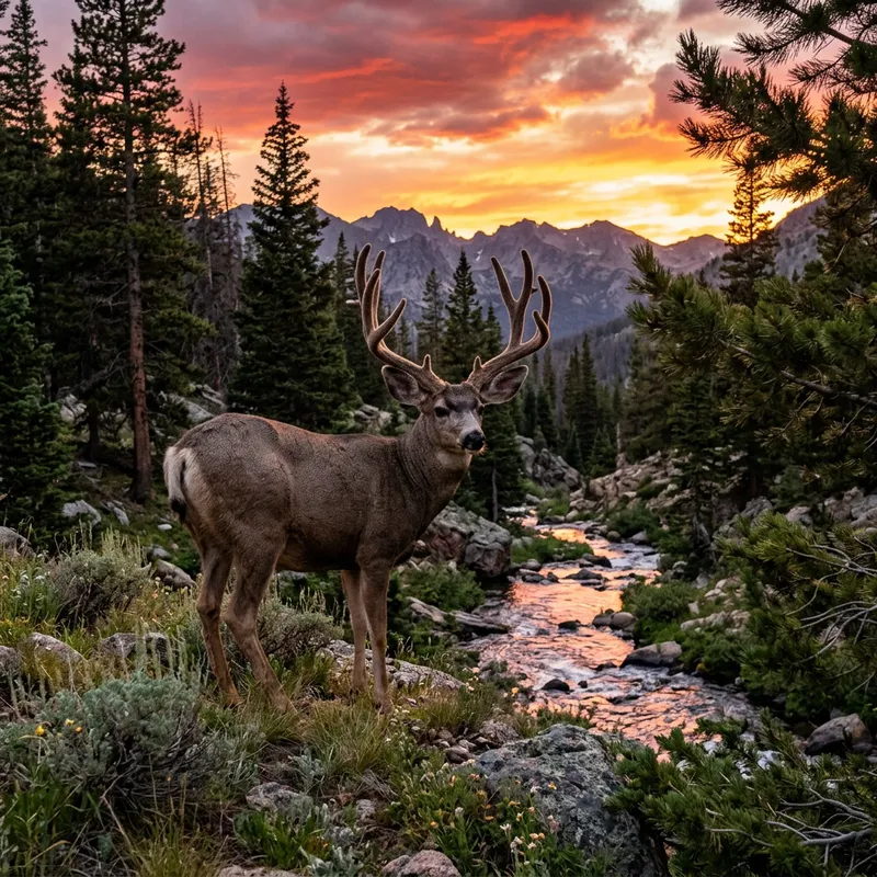 Majestic Muley Buck Deer in Mountain Landscape at Sunset