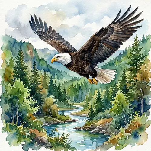 Majestic Bald Eagle Watercolor Art | Forest Stream Background