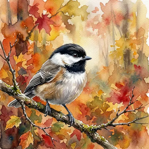 Large Chickadee with Watercolor Fall Background