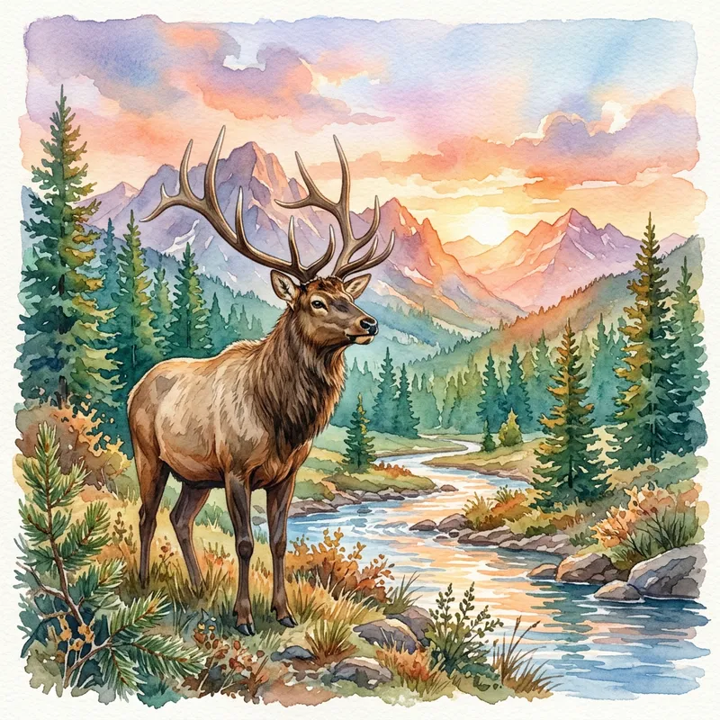 Powerful Bull Elk in Mountain Landscape with Stream and Pine Trees