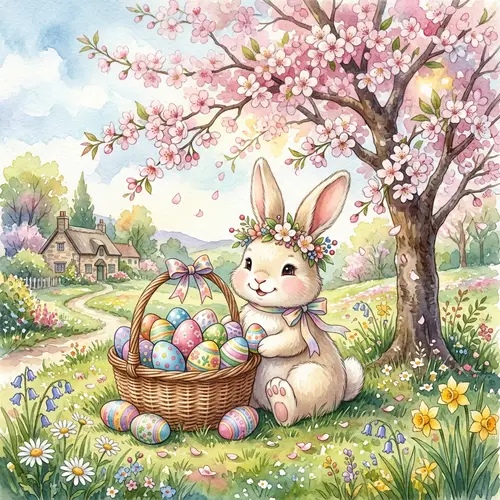 Easter Bunny with Colorful Eggs | Cherry Blossom Tree