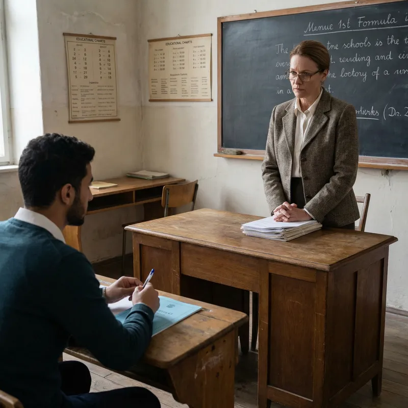 Focused Teacher Administering Exam to Engaged Student in Classroom