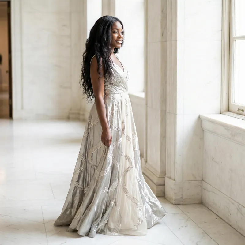 Refined Grace: Serene Woman in Shimmering Silver and Cream Dress