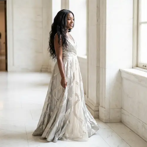 Elegant Black Woman in Shimmering Silver and Cream Dress