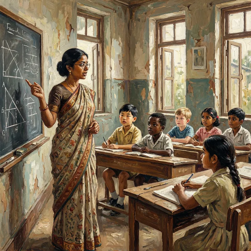 Oil Painting of a Dedicated Teacher in Class