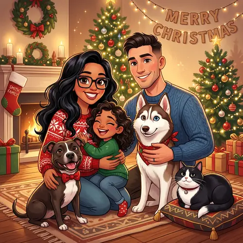 Vibrant Christmas Family Portrait Illustration