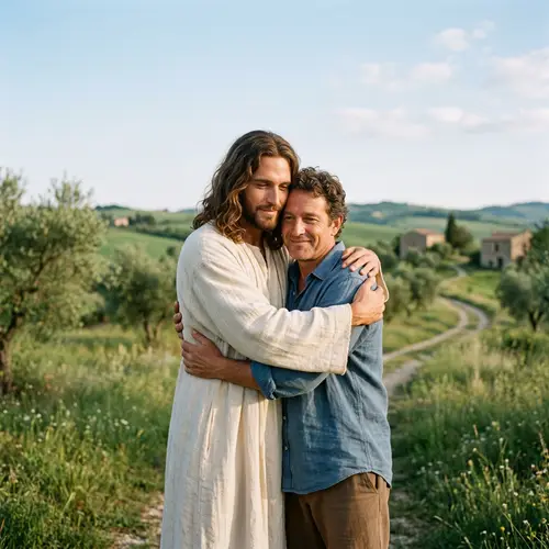 Jesus Christ Embracing a Person | Peaceful Landscape Artwork