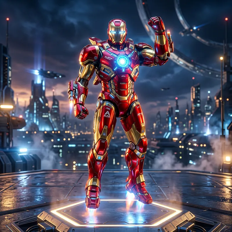 Futuristic Iron Man Robotic Suit - Red and Gold with Thrusters