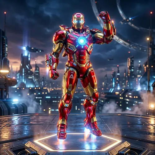 Futuristic Iron Man Robotic Suit - Red and Gold with Thrusters