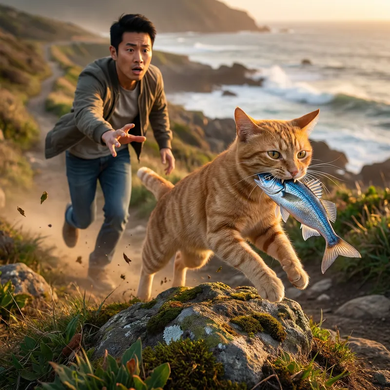 Chasing Cat: Epic Pursuit of Fish by Man