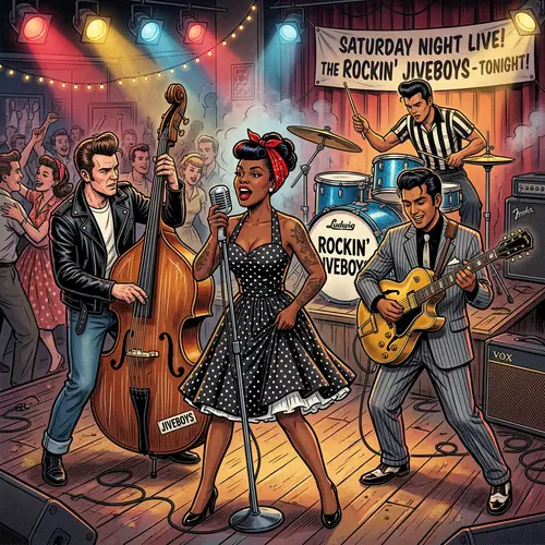 Vintage Rockabilly Band with Female Singer | Retro Music Illustration