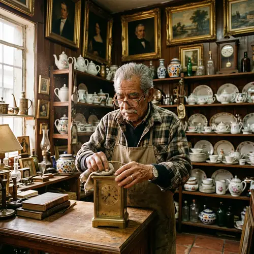 Elderly Hispanic Man in Antique Shop | Vintage Brass Clock