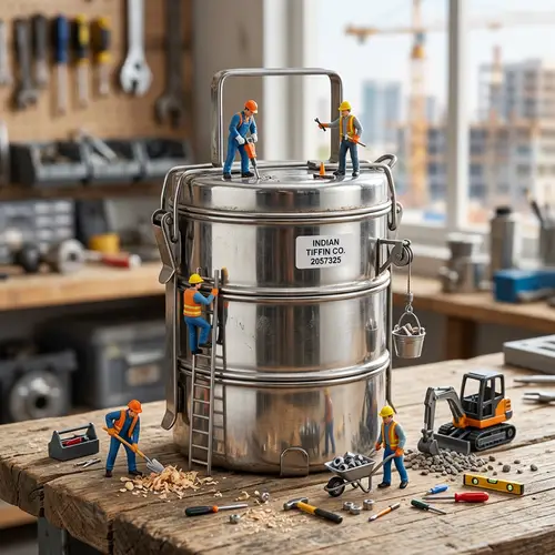 Steel Tiffen Box with Miniature Construction Workers