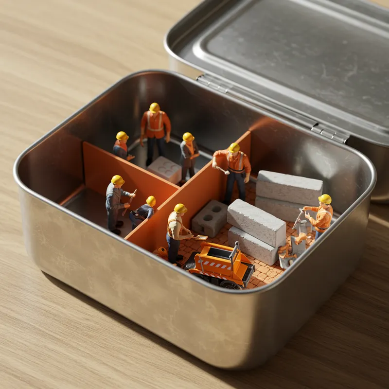 Steel Tiffen Box with Miniature Construction Workers