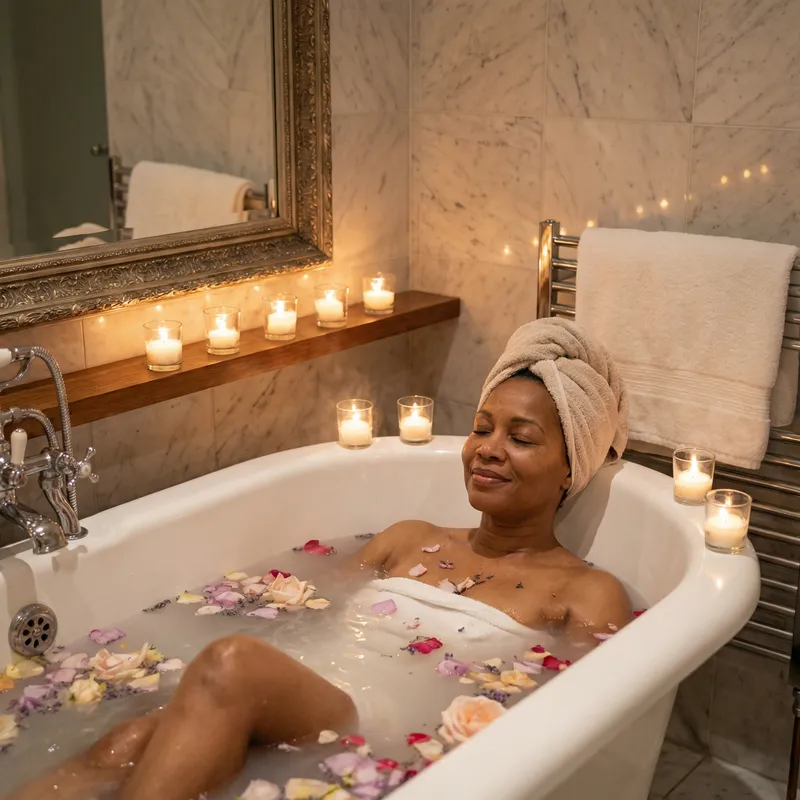 Tranquil Bathing Moment: African Woman in Elegant Bathtub Tranquil Bathing Moment: African Woman in Elegant Bathtub