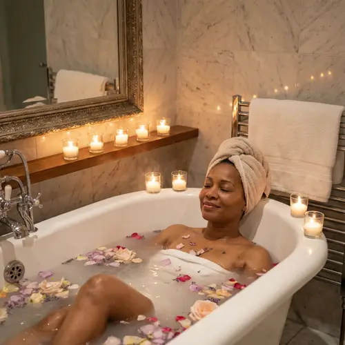 Tranquil Bathing Experience: African Woman in Relaxing Bath