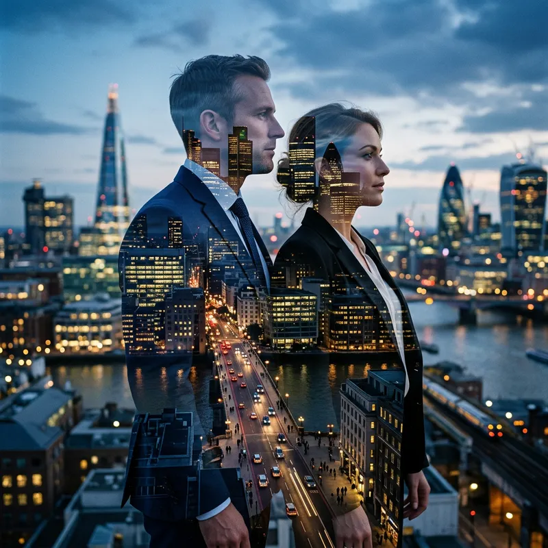 Double Exposure of Businessman & Businesswoman in City Double Exposure of Businessman & Businesswoman in City