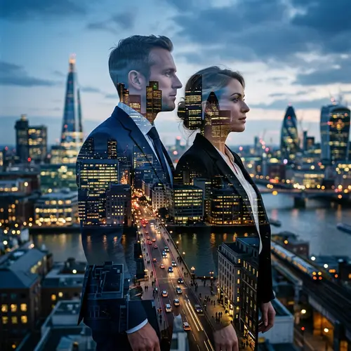 Double Exposure of Businessman & Businesswoman in City