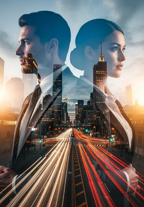 Double Exposure of Businessman & Businesswoman in City