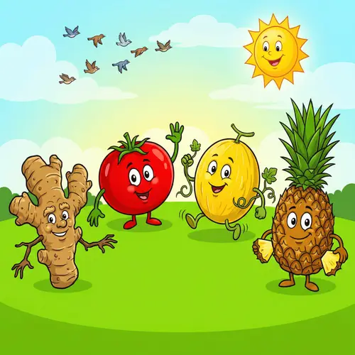 Fun Cartoon Characters: Ginger, Tomato, Melon, Pineapple