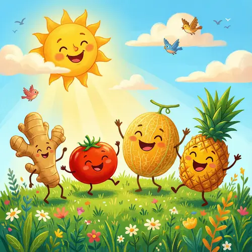 Cartoon Fruits and Vegetables on Green Grass