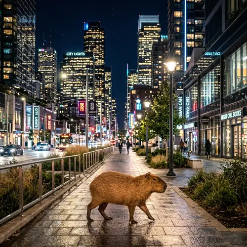 Serene Urban Cityscape at Night with Capybara