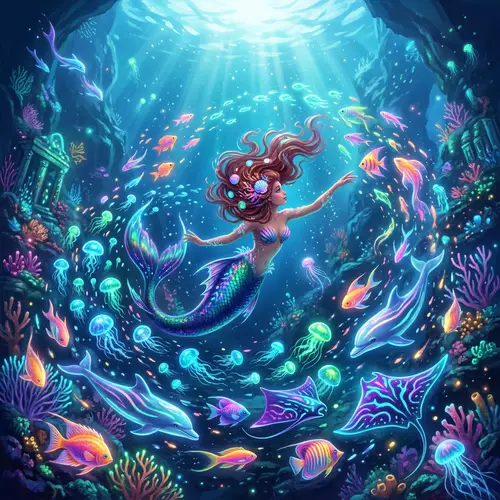 Surreal Underwater Spectacle with Glowing Mermaid and Aquatic Beings