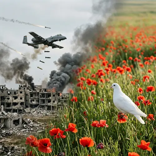 Warplane Strikes Amidst Peaceful Poppy Fields