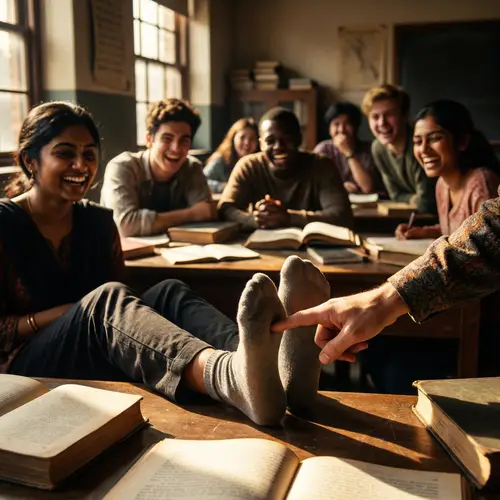 Vibrant Classroom Moment: Female Student Laughs as Teacher Tickles Feet