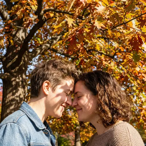 Romantic Couple Embracing Under Autumn Tree | Love Image