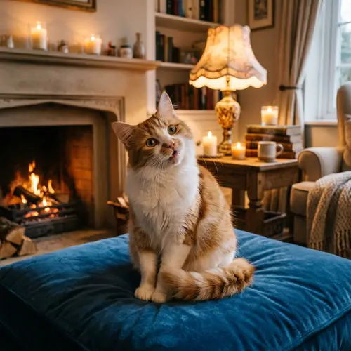Cute Orange and White Cat on Cozy Blue Cushion