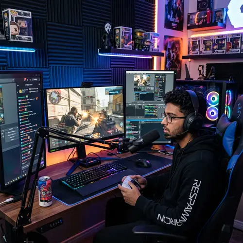 Young South Asian Video Game Streamer in Soundproof Room