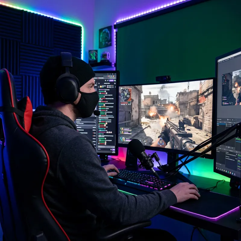 Warzone Streamer in Mask | High-Intensity Gaming Setup