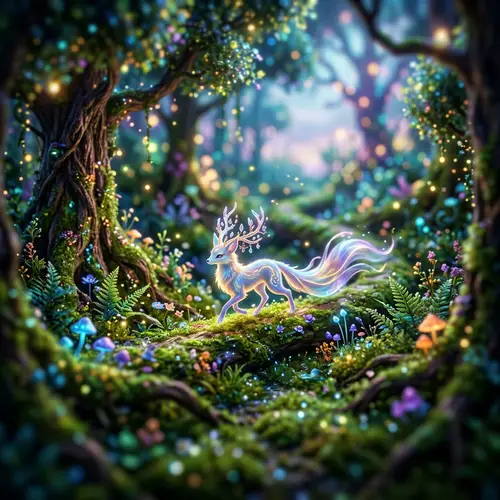 Enchanting Creature in Vibrant Mystical Forest | Miniature Fantasy Scene