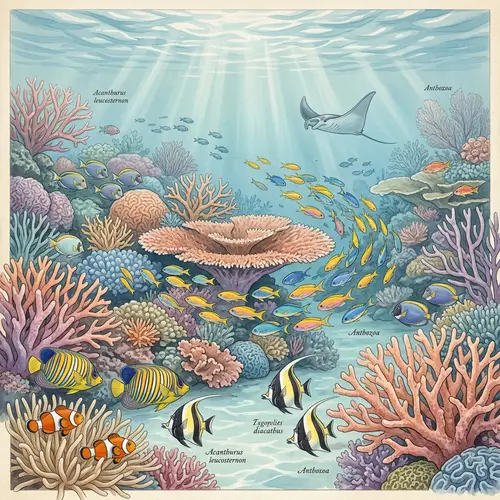 Whimsical Underwater Scene with Colorful Fish and Coral Reefs