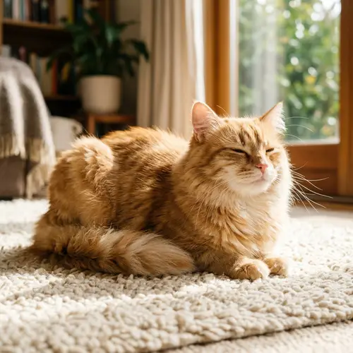Joyful Feline Creature Sitting Comfortably on Plush Carpet