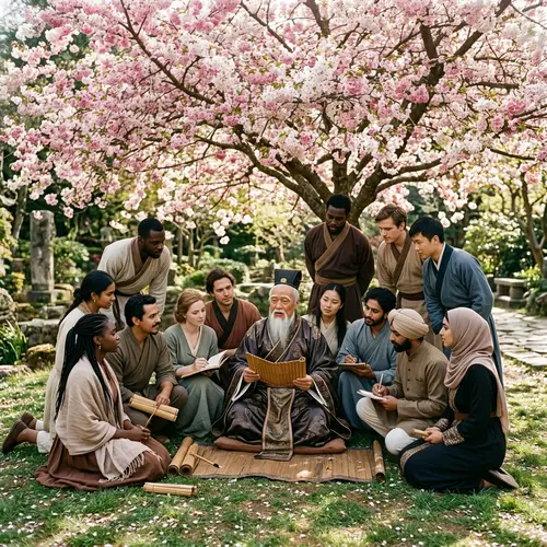 Confucius Teaching Under Tree with Diverse Group of Students