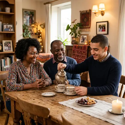 Middle-Eastern Man Pouring Tea with African Parents - Heartwarming Scene