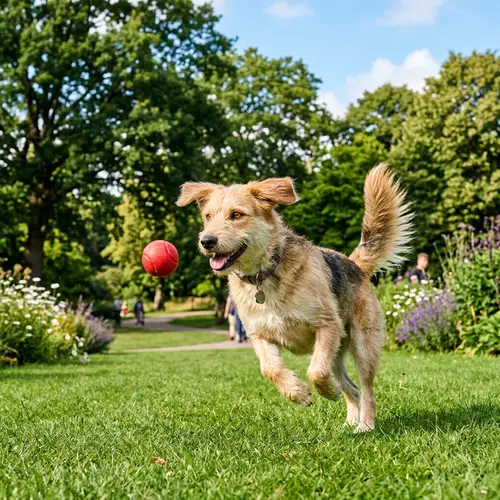 Playful Dog Cavorting in Sunlit Park - Joyful Scene