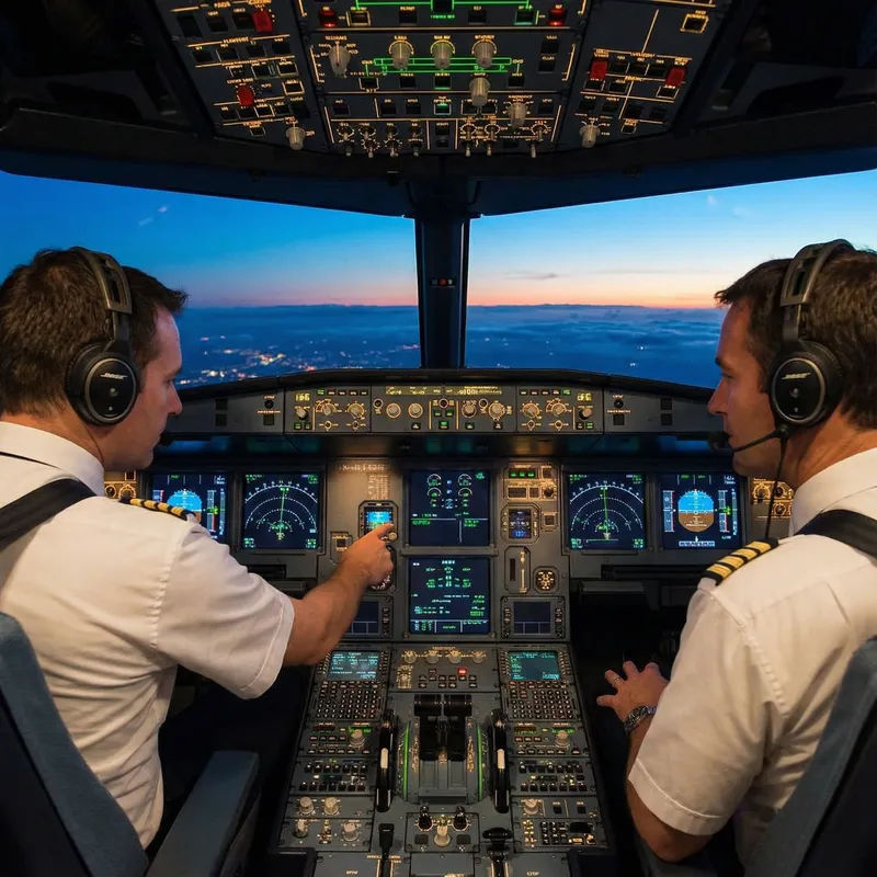 Evening Cockpit Scene with Airline Pilots Evening Cockpit Scene with Airline Pilots