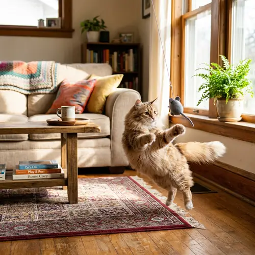 Playful Domestic Cat in Sunlit Living Room | Cat Toy Fun