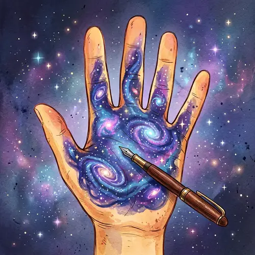 Whimsical Open Hand with Cosmic Galaxies and Pen Illustration