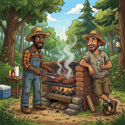 Cartoon Hillbillies Smoking Meat on Brick BBQ Pit