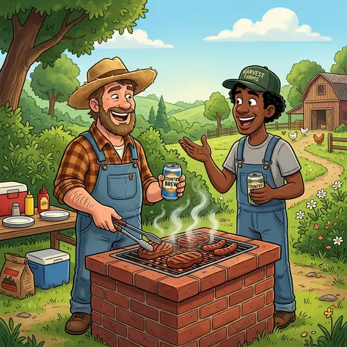 Cartoon Hillbillies Grilling Meat on Brick BBQ Pit | Outdoor Scene