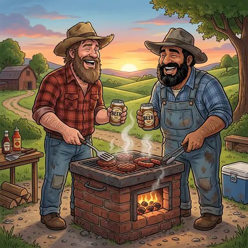 Cartoon Hillbillies Grilling Meat on Brick BBQ Pit
